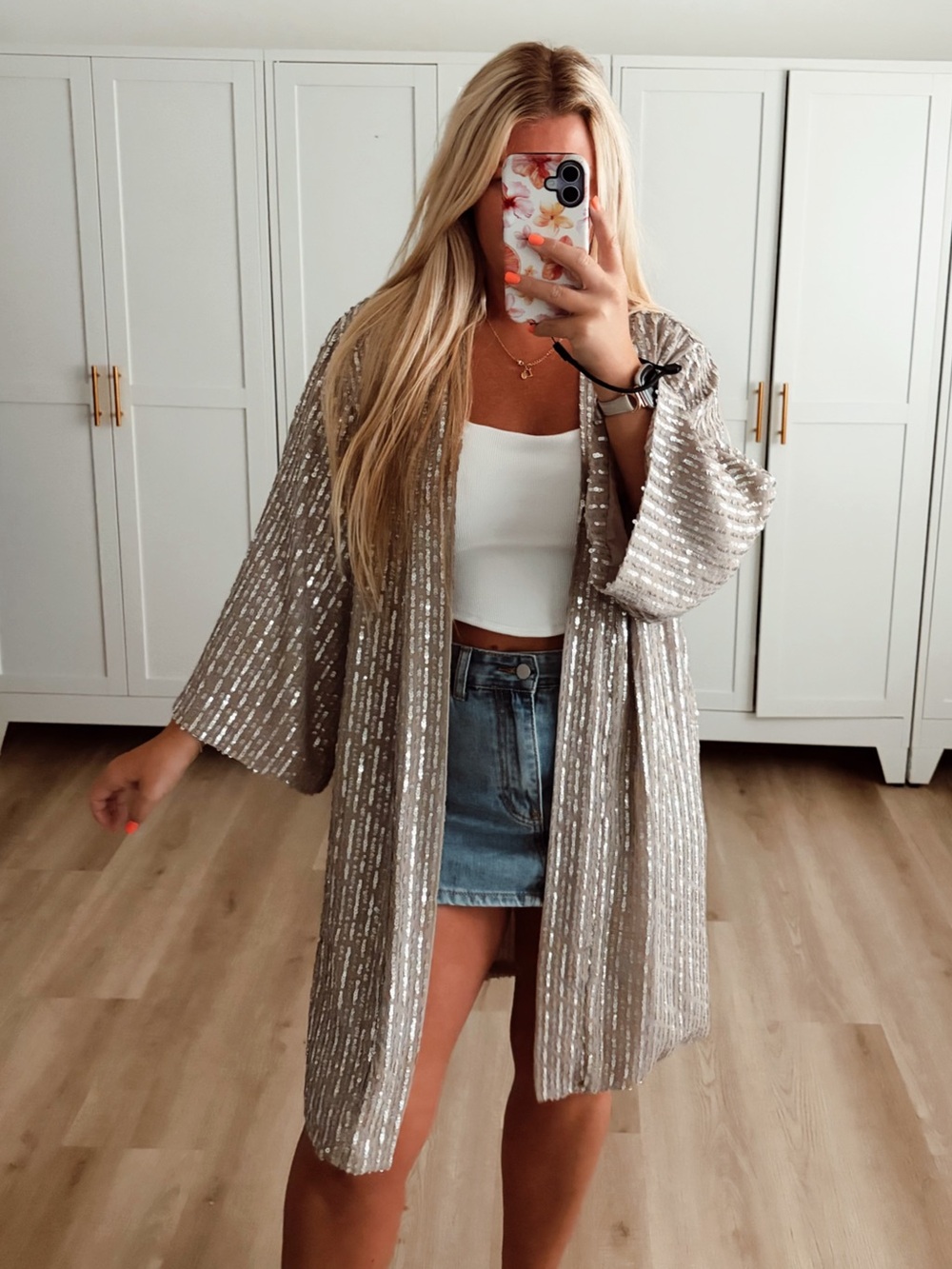 Beige/brown oversized sequined long duster cardigan